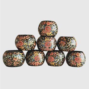Floral Black Lacquer Napkin Rings Set of 8 Multicolor Hand Painted Gold Accent